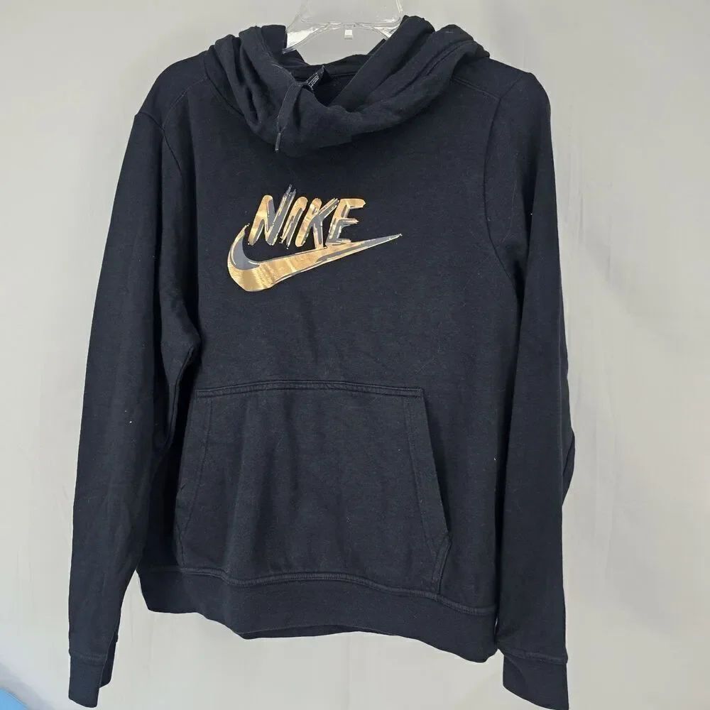 Nike Hoodie Womens L Black Swoosh Cowl Funnel Neck Pullover Sweater Sweatshirt
